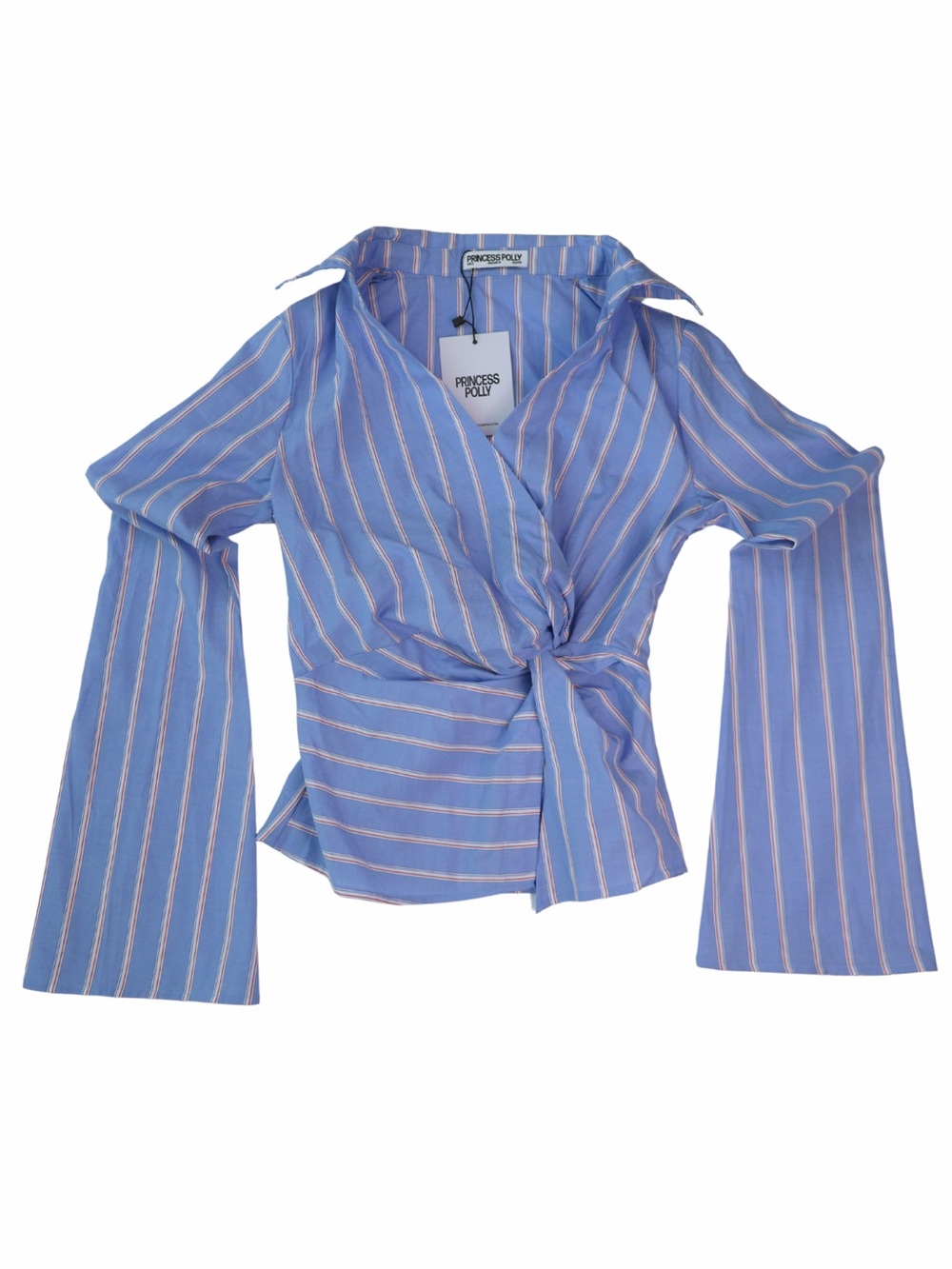 Princess Polly Ameliah Twist Shirt Blue Stripe Womens 2 NWT Flare Sleeve
